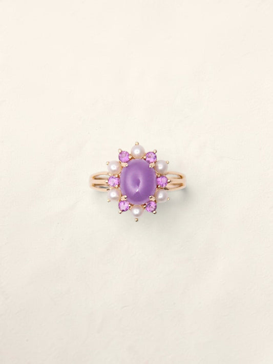 14K Yellow Gold Lavender Jade, Amethyst, and Pearl Ring