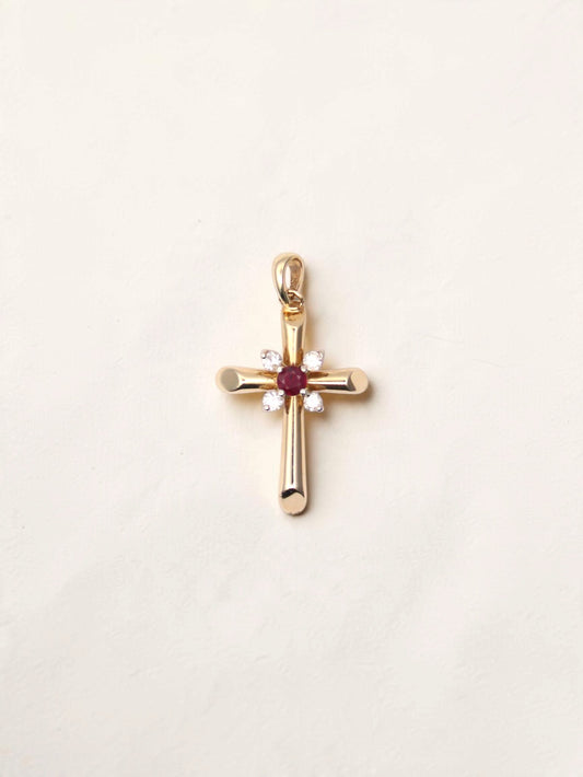 14K Yellow Gold Ruby and Diamond Cross Pendant