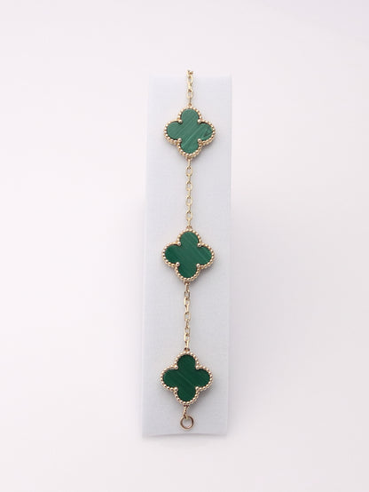 14k Yellow Gold 5 Clover Malachite Bracelet