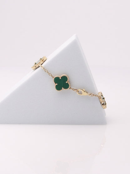 14k Yellow Gold 5 Clover Malachite Bracelet