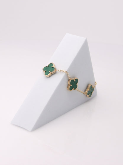 14k Yellow Gold 5 Clover Malachite Bracelet
