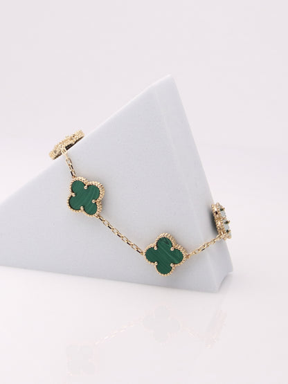 14k Yellow Gold 5 Clover Malachite Bracelet