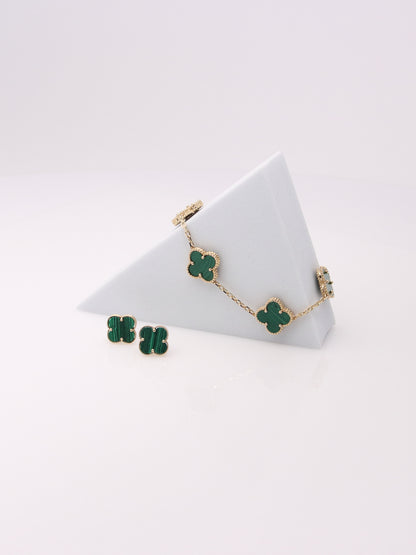 14k Yellow Gold 5 Clover Malachite Bracelet