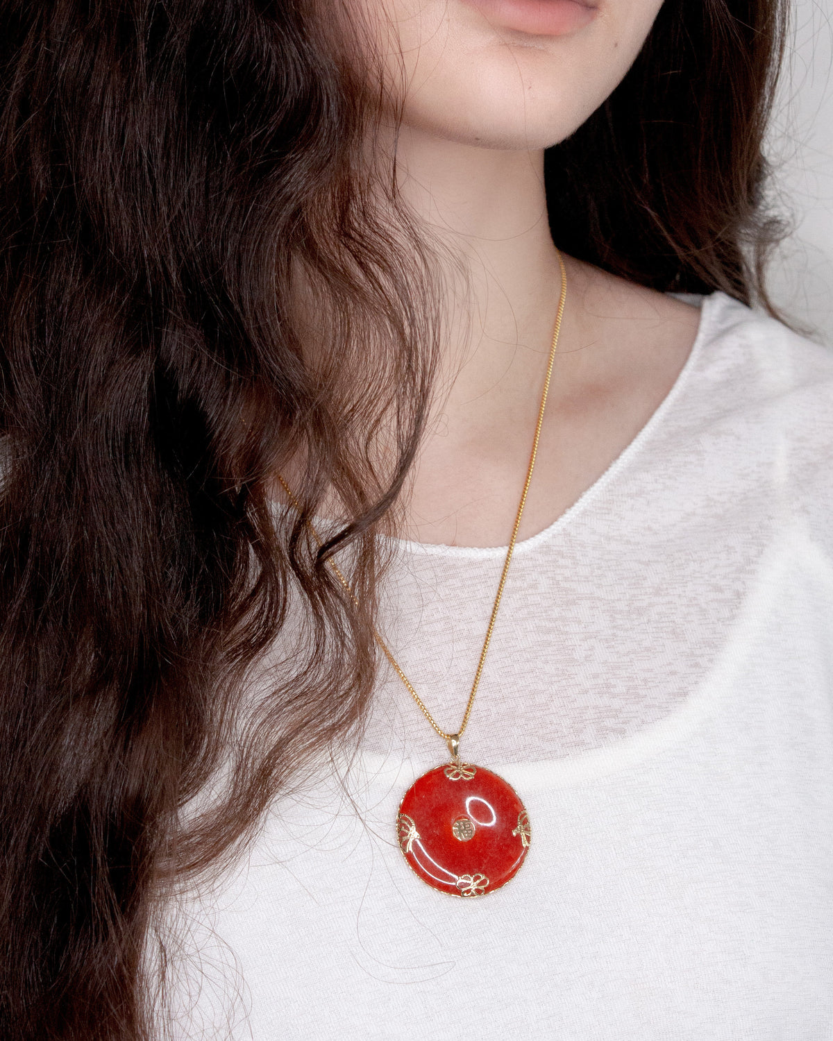 14K Yellow Gold Red Jade Pendant