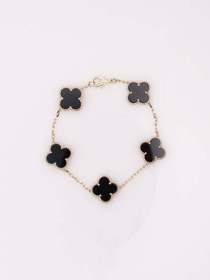 14k Yellow Gold 5 Clover Onyx Bracelet