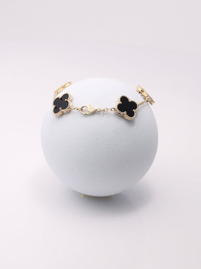 14k Yellow Gold 5 Clover Onyx Bracelet