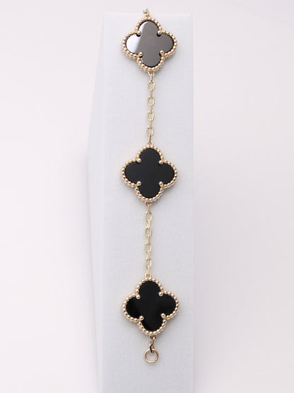 14k Yellow Gold 5 Clover Onyx Bracelet