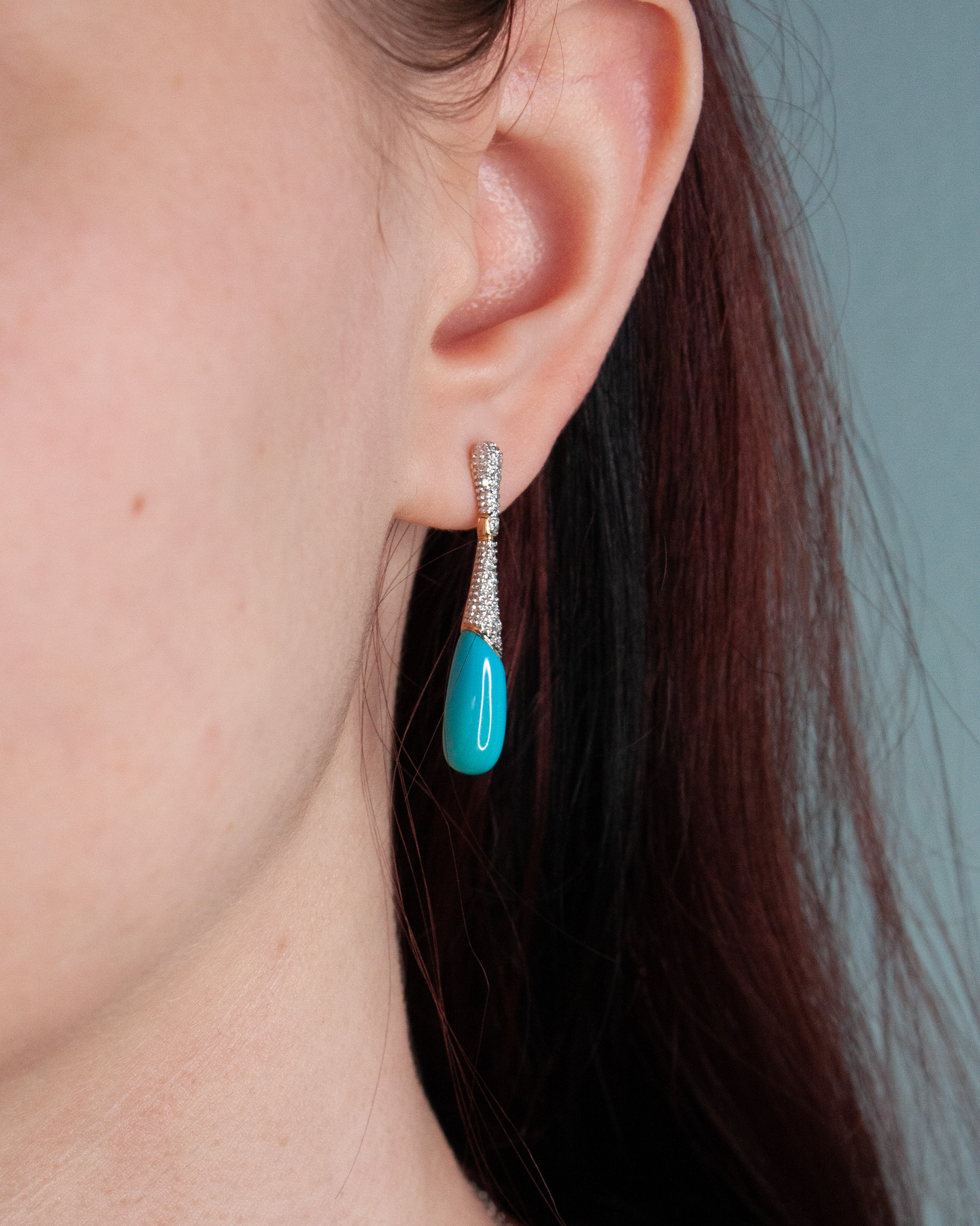 14K Yellow Gold Teal & Diamond Dropdown Earrings