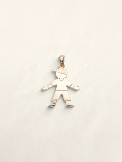 Zafrah 14K yellow gold boy pendant featuring a stylized figure wearing a cap on a simple bail