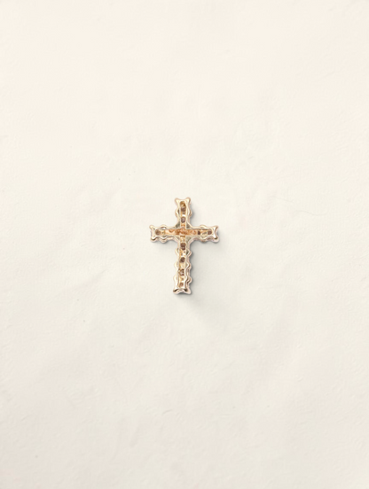 Zafrah 14K yellow gold mini cross pendant featuring 11 round diamonds totaling 0.19ctw on a white background.