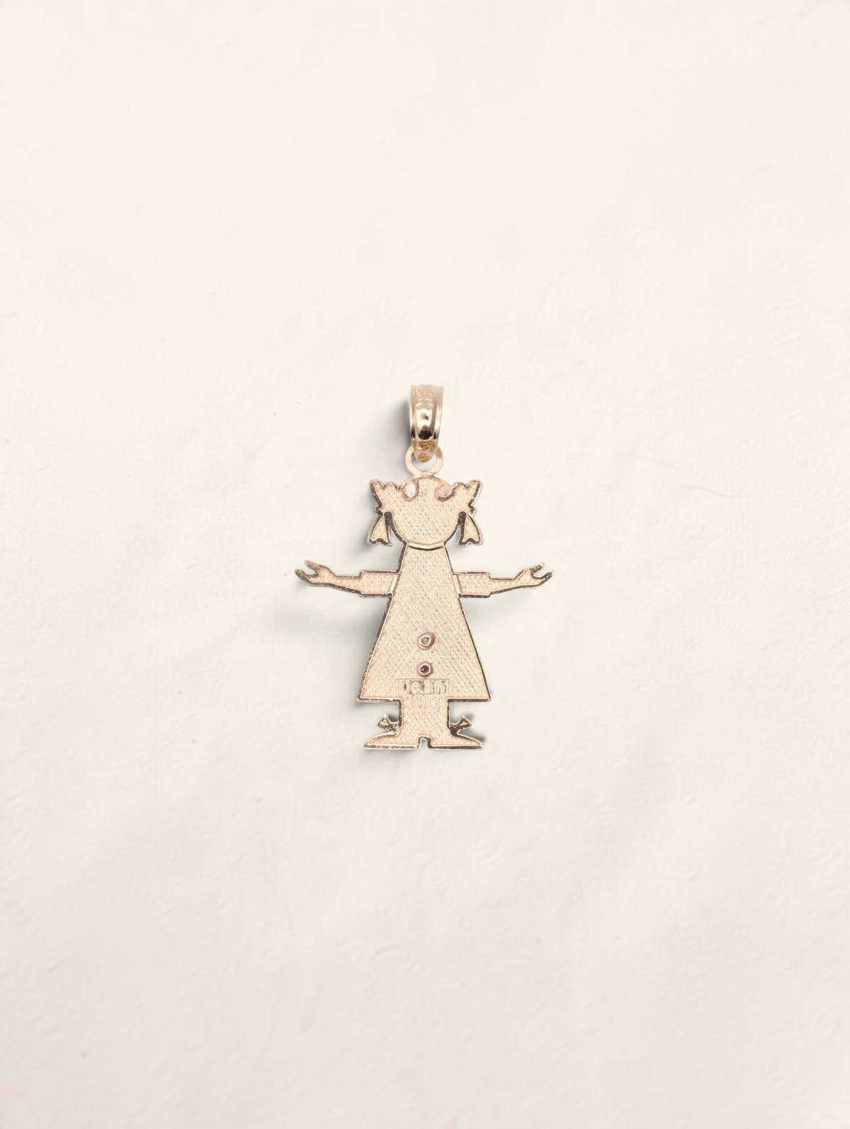 Zafrah 14K yellow and rose gold girl pendant with textured details on a white background