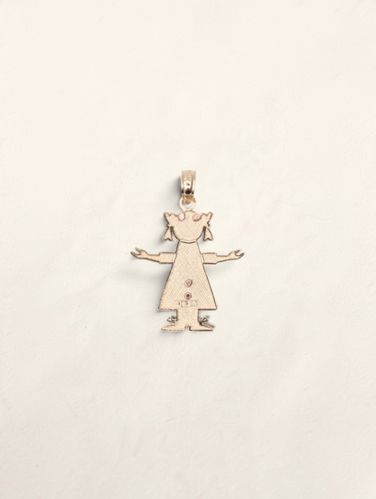 Zafrah 14K yellow and rose gold girl pendant with textured details on a white background