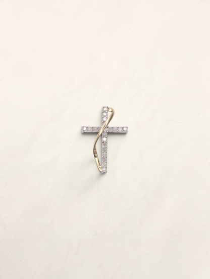Zafrah 10K two-tone gold small cross pendant featuring 0.2ctw round diamonds in a delicate intertwined design.