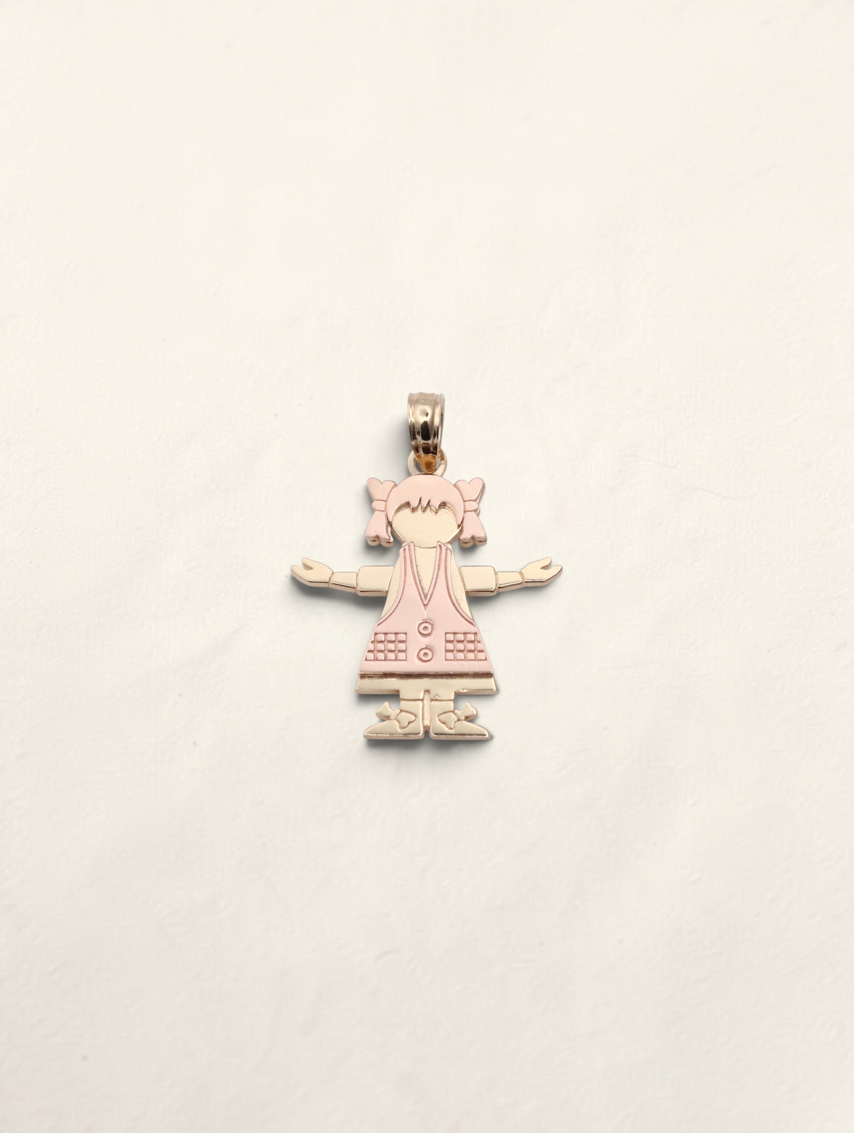 Zafrah 14K two-tone yellow and rose gold girl pendant with a polished finish on a white background