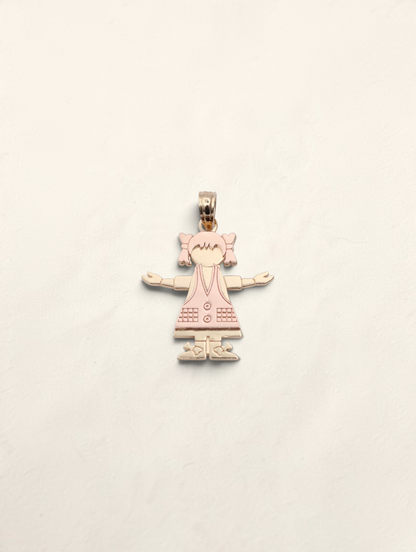 Zafrah 14K two-tone yellow and rose gold girl pendant with a polished finish on a white background