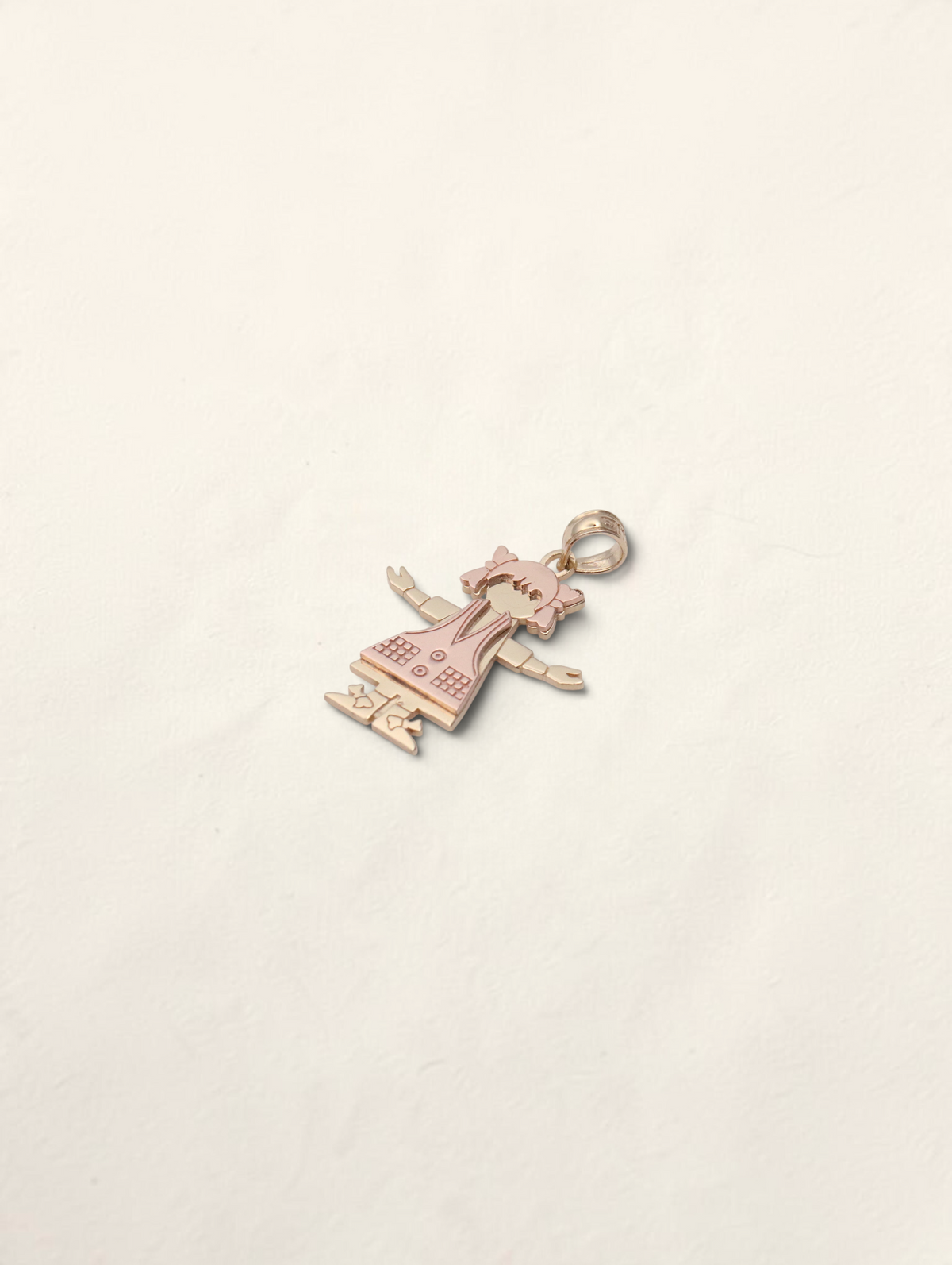 Zafrah 14K two-tone yellow and rose gold girl pendant with a polished finish on a white background